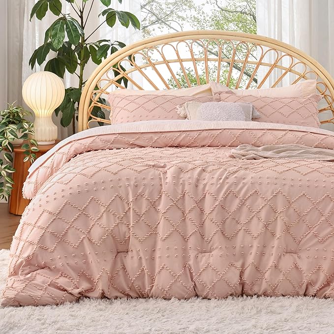 Bedsure Twin Comforter Set - Coral Pink Comforter, Boho Tufted Shabby Chic Bedding for Kids, 2 Pieces Vintage Farmhouse Bed Set for All Seasons, Fluffy Soft Bedding with 1 Pillow Sham