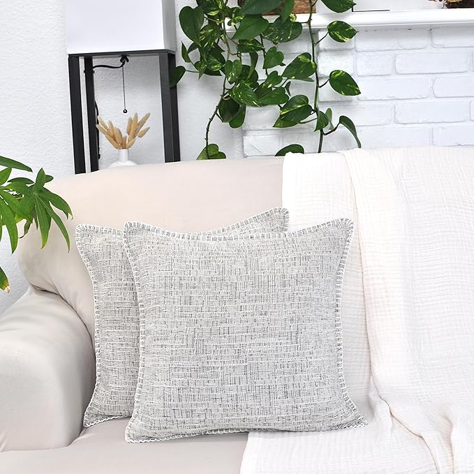 20x20 Stitched Edge Textured Chenille Throw Pillow Covers Cream White & Black Texture Set of 2 Soft Cushion Covers Modern Farmhouse Decorative Square Pillow Cases for Couch Sofa