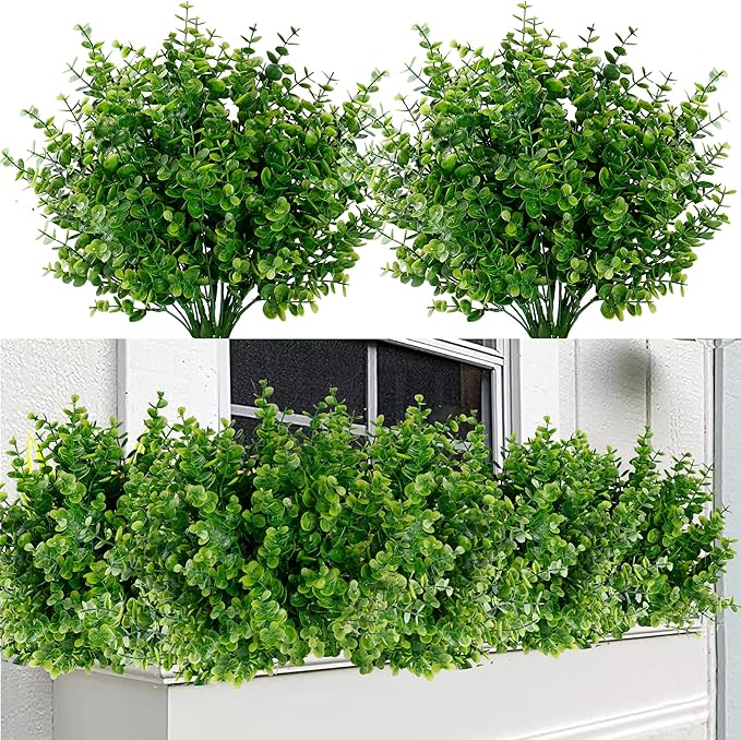 Sggvecsy Artificial Flowers for Outdoors 12 Bundles UV Resistant Boxwood Shrubs Artificial Eucalyptus Fake Plants Faux Plastic Greenery for Farmhouse Garden Indoor Outdoor Home Wedding Decoration