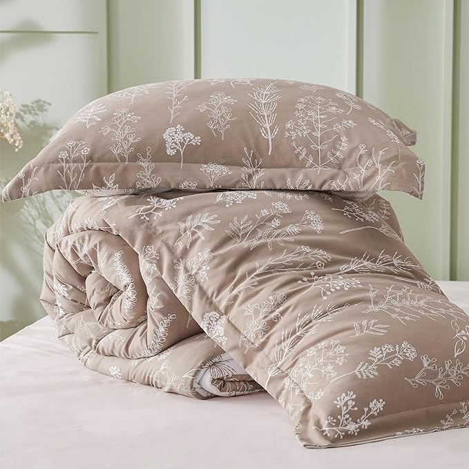 Bedsure Full Comforter Set - Light Taupe Bed Set, 3 Pieces Cute Floral Bedding, 1 Soft Reversible Botanical Flowers Comforter and 2 Pillow Shams
