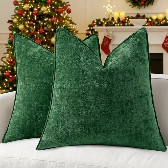 decorUhome Christmas Couch Throw Pillow Covers 26x26 Set of 2, Decorative Soft Euro Neutral Chenille Pillow Covers with Elegant Design for Sofa Bed Living Room Home Decor, Green