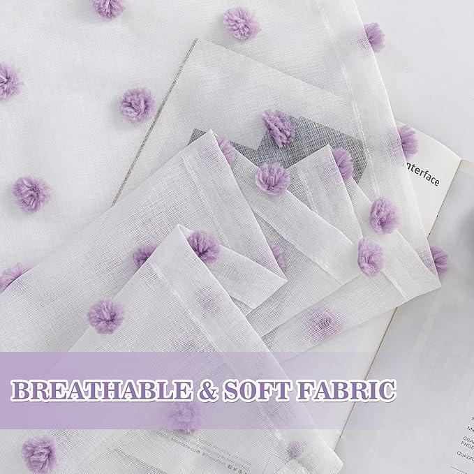 MYSKY HOME 45 Inches Long Kitchen Curtains Small Window Curtains for Bathroom Cafe Bedroom Purple Pom Pom White Semi Sheer Curtains for Nursery Girls Room Rod Pocket 2 Pieces Drapes 52 x 45 inch