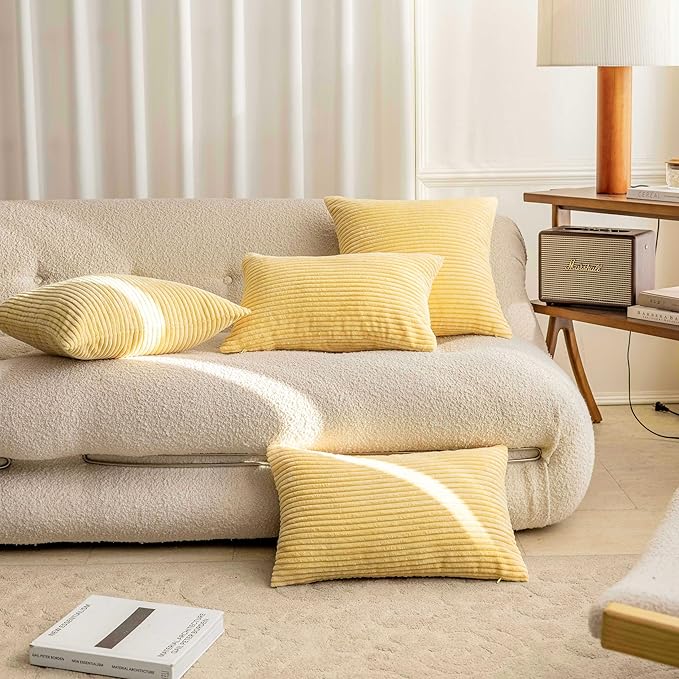 Home Brilliant 20x20 Throw Pillow Cover Soft Plush Pillow Cover Solid Striped Corduroy Throw Pillows for Couch Sofa Furniture Fall Winter Decorations, 20x20 inch (50cm), Light Yellow
