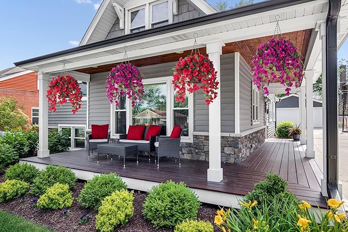 Artificial Fake Hanging Hibiscus Flowers Plants Baskets for Outdoor Decoration, Faux Silk Hibiscus Long Vines in Planter UV Resistant Realistic Flowers for Outside Porch Patio Home Decor, Pink
