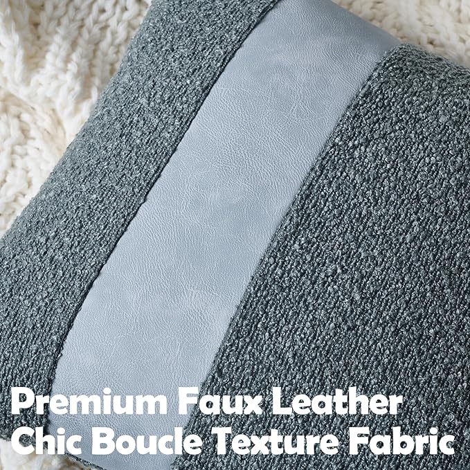 Pack of 2 Faux Leather Boucle Throw Pillow Covers 18"x18" Blue Chic Accents Textured Square Decorative Pillow Cases for Living Room Couch Bed Farmhouse Boho Home Decor