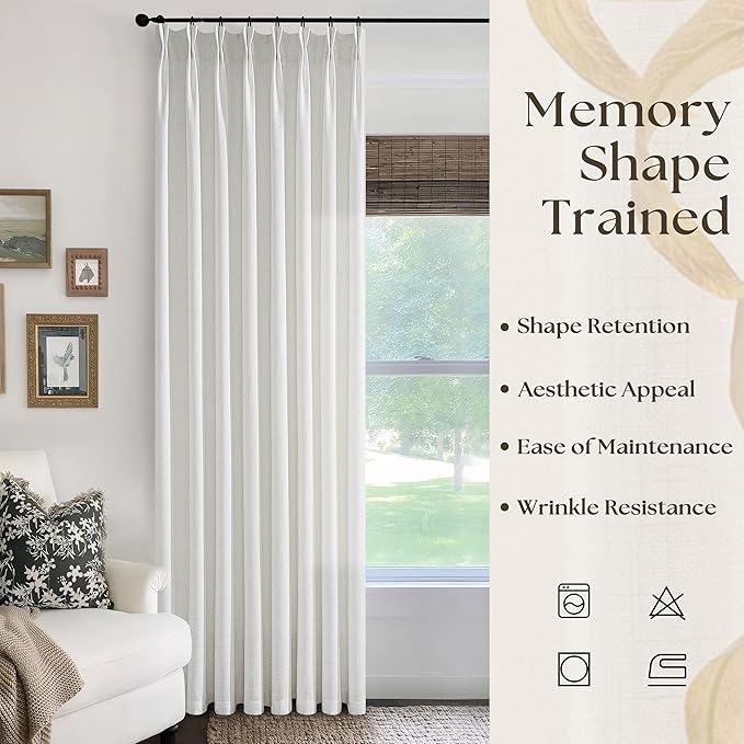 Pinch Pleated Linen Curtains 108 Inches Long for Living Room 50 Inch Wide Ivory Beige White Double Pleated Drapes Back Tab Neutral Boho Ceiling Floor 108 Inch Window Curtains Bedroom 50x108 1 Panel