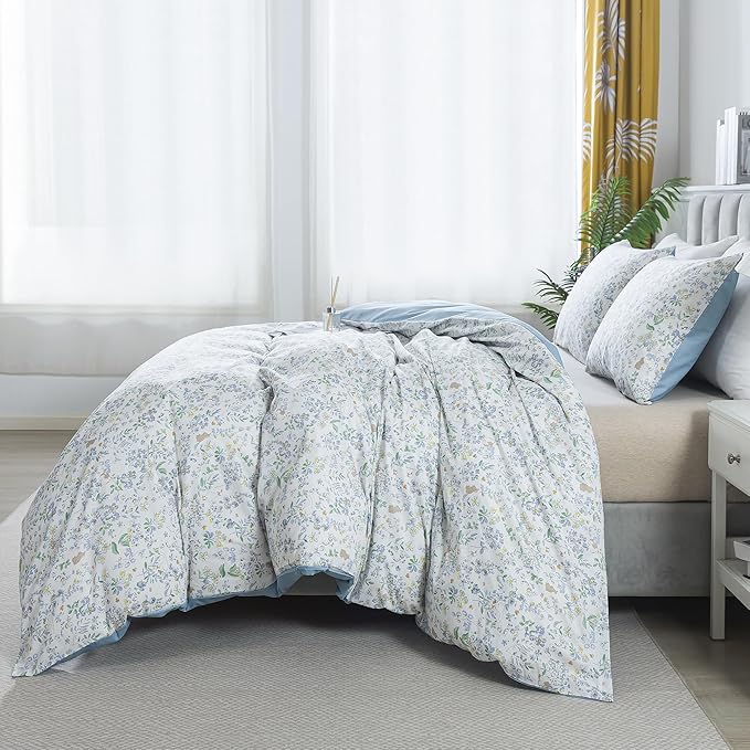 HoneiLife Cotton Duvet Cover Queen - Floral Comforter Cover 3-PC, Soft Flower Bedding Duvet Cover Sets with Zipper Closure & Corner Ties, Wildflower Bedlinen Sets for All Season Use