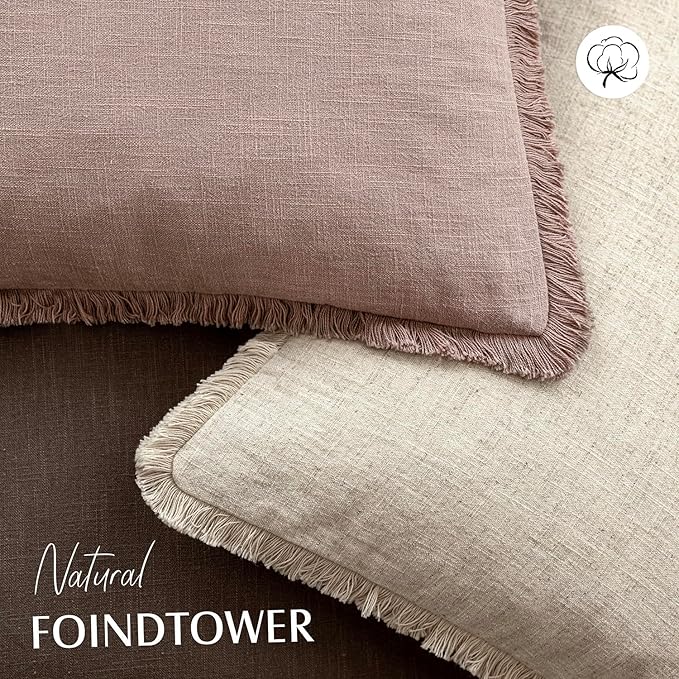 Foindtower Set of 2 Decorative Linen Fringe Throw Pillow Covers Boho Farmhouse Cushion Cover with Tassels Soft Accent Pillowcase for Couch Sofa Bed Living Room Home Decor,24×24 Inch,Dusty Pink
