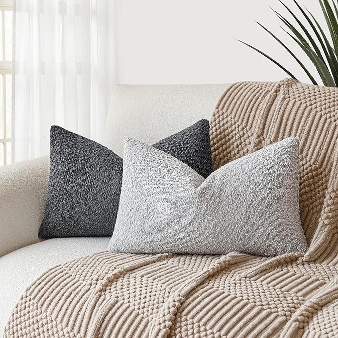 Foindtower Textured Boucle Throw Pillow Covers Accent Solid Lumbar Pillow Cases Cozy Soft Decorative Couch Cushion Case for Chair Sofa Bedroom Living Room Home Decor, 12 x 20 Inch,Light Grey