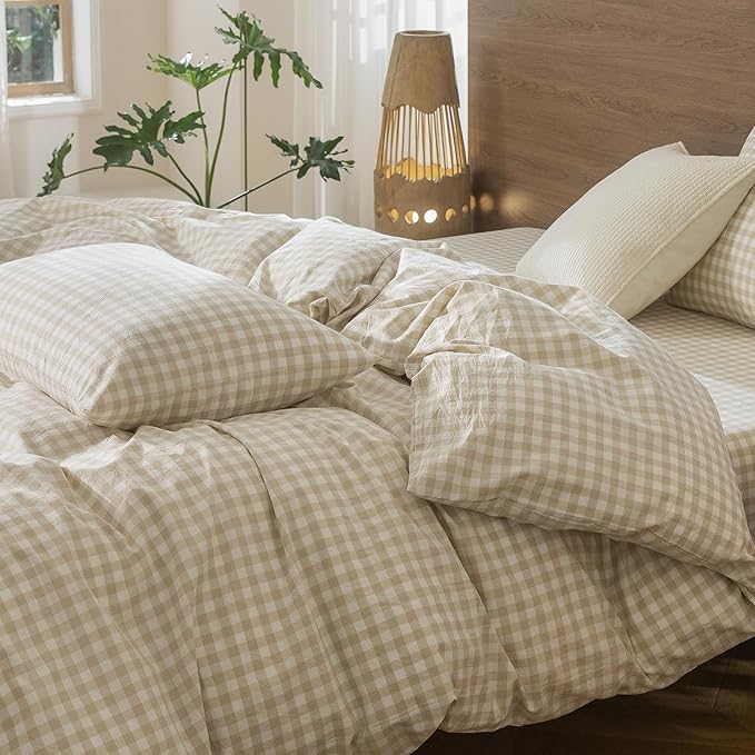 MooMee Gingham Duvet Cover Set 100% Washed Cotton Linen Like Textured Breathable Durable Soft Comfy Modern Checkered Design (Almond Milk Grey Gingham, Oversized Queen 98"x98")