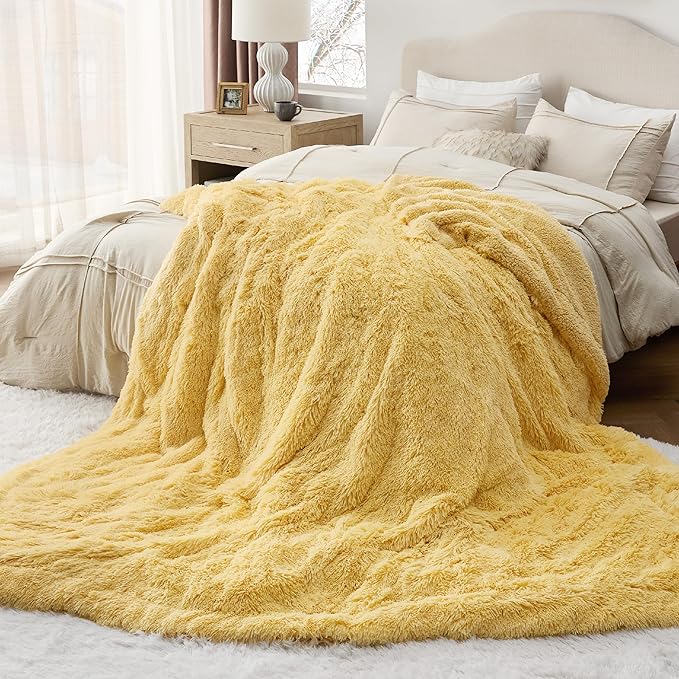 Bedsure GentleSoft Fluffy Yellow Blankets Queen Size for Bed, Thick Sherpa Faux Fur Fleece Fuzzy Plush Winter Warm Heavy Soft Full Queen Blankets, Bedroom Decor Yellow Cozy Gifts for Women Men, 90x90