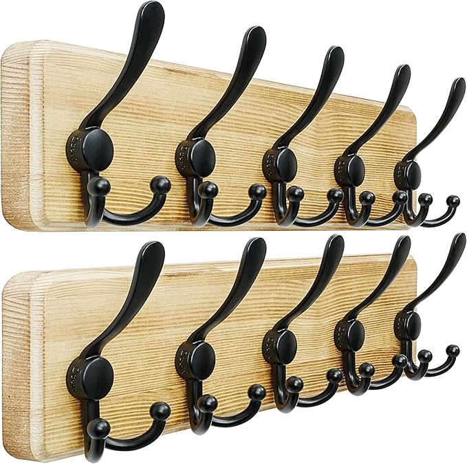 Dseap Coat Rack Wall Mount - Heavy-Duty Robust Rustic Wooden Wall Coat Hanger Hook Rail with 5 Triple Hooks for Winter Coats Hat Jacket Clothing, Light Brown & Black, Pack of 2