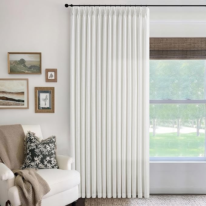 Extra Wide 100 Inch Wide Ivory White Pinch Pleated Linen Curtains 84 Inches Long for Patio Sliding Glass Door 100 Inch Width Pleated Drapes with Hooks Rings 100x84 Curtain for Living Room 1 Panel