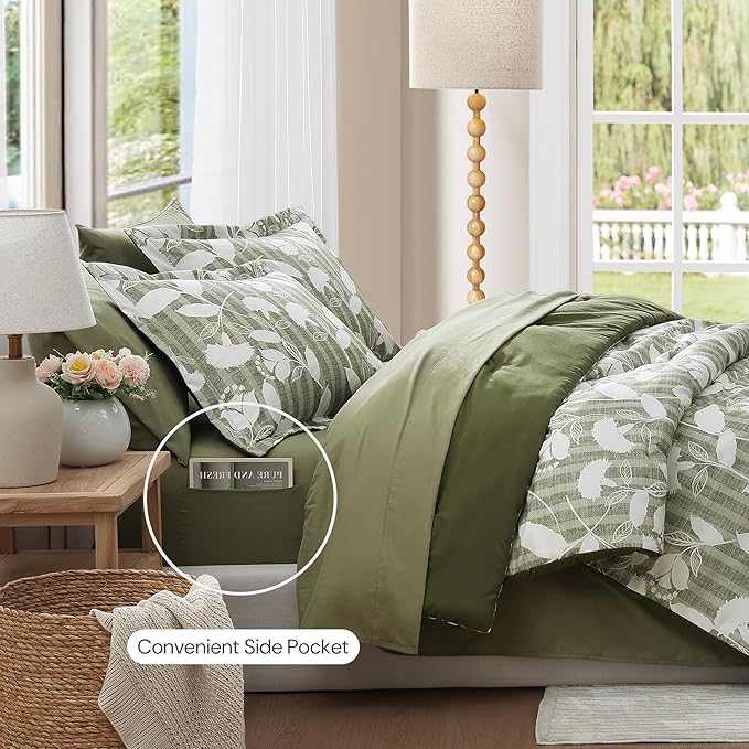 Queen Comforter Set -7 Pieces Botanical Olive Green Comforter for All Seasons, Bed in a Bag Queen with Flowers Floral Comforter, Sheets, Pillowcases & Shams