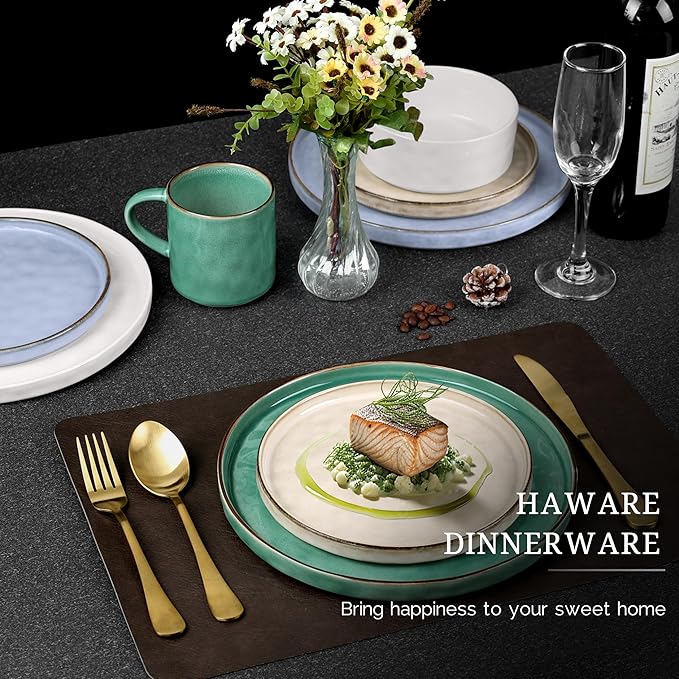 HaWare Dinnerware Sets, 16-Piece Stoneware Plates and Bowls Set, Elegant Ceramic Dish Set for 4, Chip and Scratch Resistant, Microwave and Dishwasher Safe, Multicolor