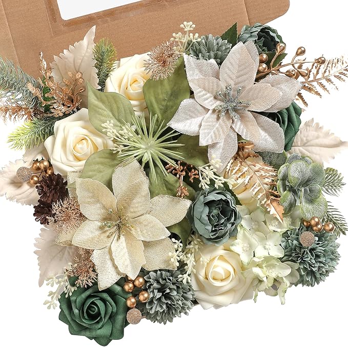 Christmas Artificial Flowers Greenery Combo Box Set Silk Flowers Fake Rose for DIY Christmas Red Theme Decoration Tree Ornaments, Xmas Wreath Floral Arrangements Party
