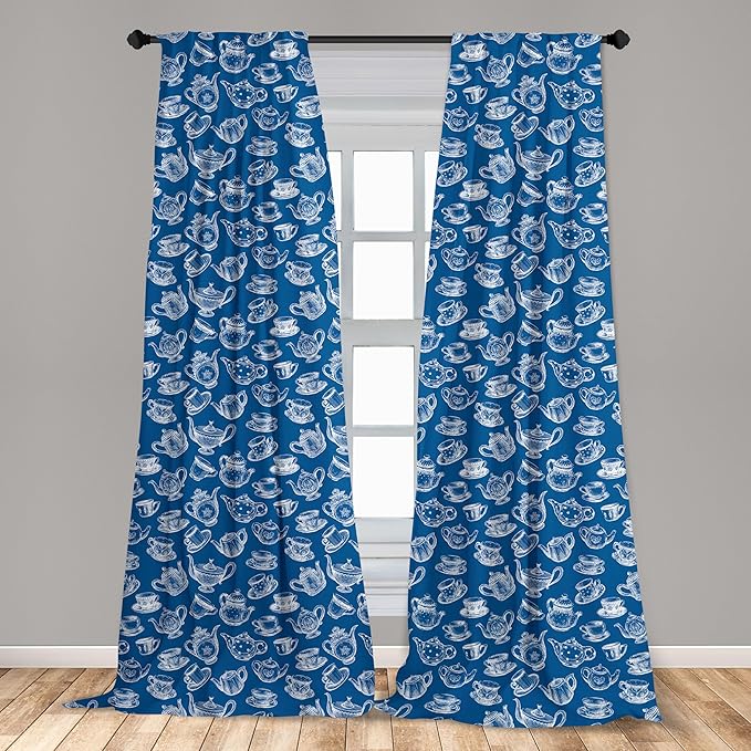 Ambesonne Teapot Window Curtains, Rhythmic Engraving Sketch Style Dotted Pots Tea Vintage Cups Pattern, Lightweight Decor 2-Panel Set with Rod Pocket, Pair of - 28" x 95", Cobalt Blue and White