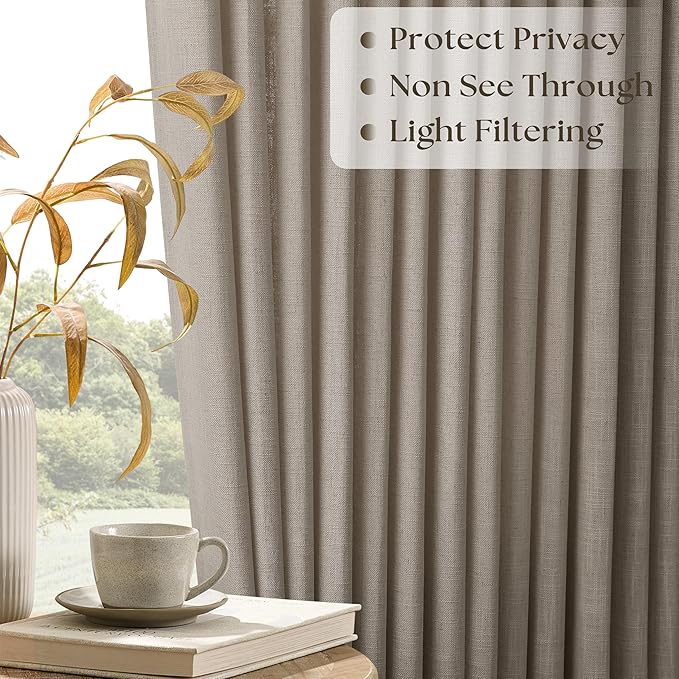 Taupe Patio Sliding Door Curtains 100 Width 102 Inches Long Pinch Pleated Curtain with Hooks Rings Light Filtering Semi Sheer Extra Wide 100x102 Drape Living Dining Room Burlywood Birch 1 Panel