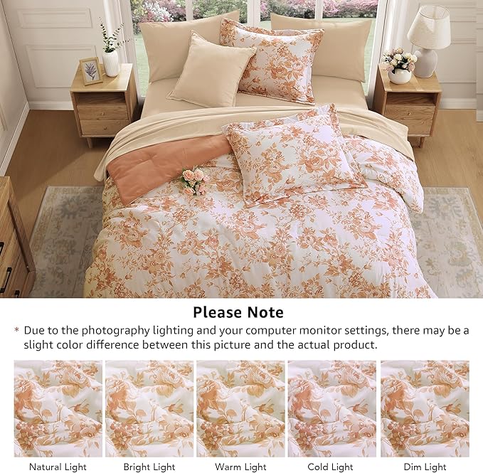 Full Comforter Set -7 Pieces Autumn Leaf Floral Comforter Set for All Seasons, Bed in a Bag Full with Botanical Flowers Comforter, Sheets, Pillowcases & Shams