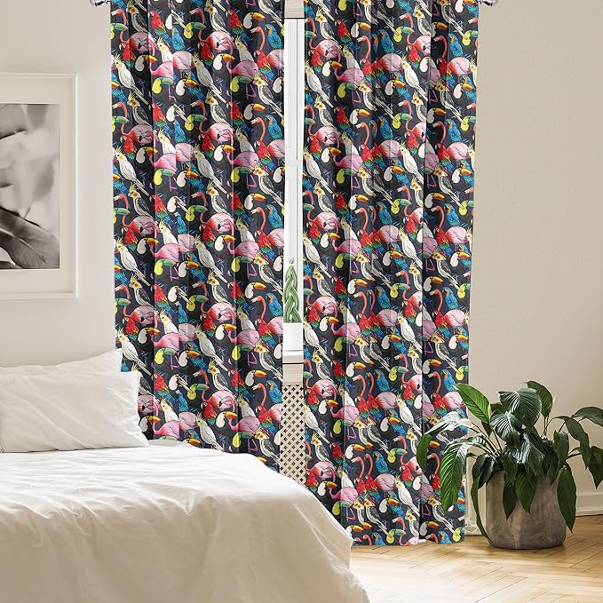 Ambesonne Animal 2 Panel Curtain Set, Colorful Exotic Birds Cockatoo Flamingo Macaw Parrot Toucan Tropic Wildlife Art, Window Treatment Living Room Bedroom Decor, Pair of - 28" x 63", Red Grey
