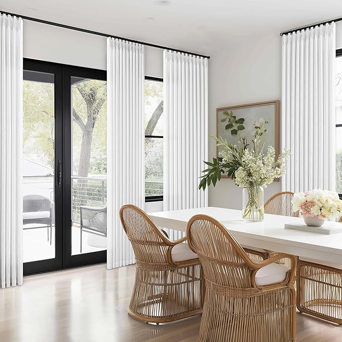 Pinch Pleat Linen Curtains 108 Inches Long 70 Inch Wide for Patio Sliding Door Light Filtering Semi Sheer Pleated Drapes Back Tab White Farmhouse Extra Wide 70 x 108 Curtain for Living Dining Room