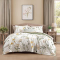 CASAAGUSTO Full Comforter Set 7 PCS White & Green Dandelion Plant Comforter Set with Flowers Leaves Pattern Soft Seersucker Design All Season Bedding Set(Full 80"X90")