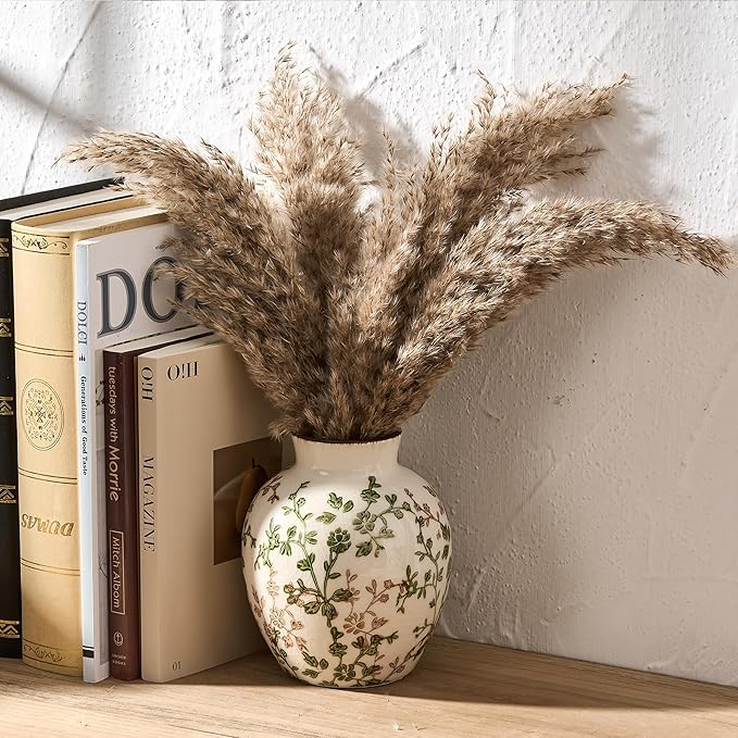 SIDUCAL Ceramic Green and Beige Antique Vase, 5.83 Inch Retro Ice Cracked Chinoiserie Floral Vase, Rustic Farmhouse Vases for Home Decor, Bookshelf, Office, Garden, Chinoiserie Decor, Tuscan Decor