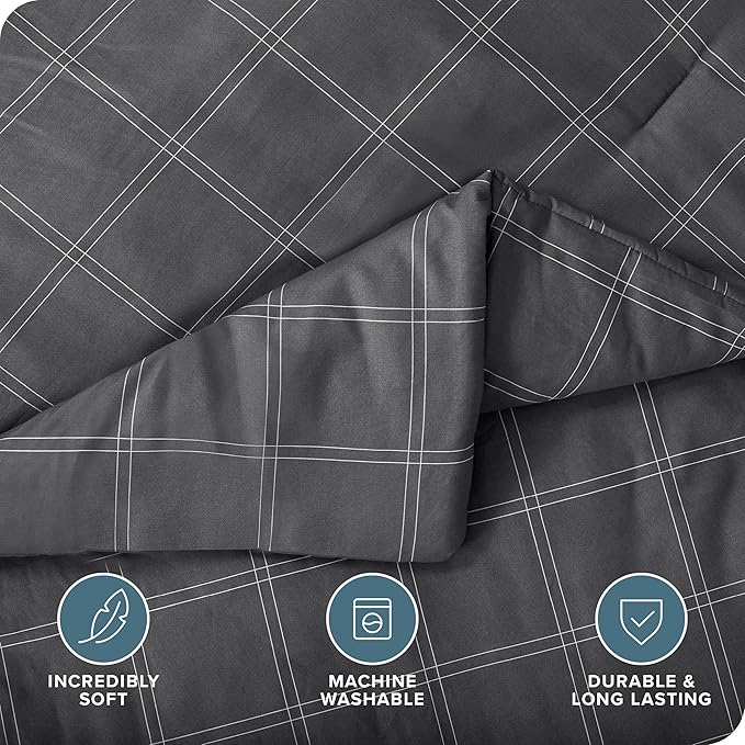 Bare Home Bed-in-A-Bag 7 Piece Comforter & Sheet Set - Queen - Track Stitch - Goose Down Alternative - Ultra-Soft 1800 Premium - Bedding Set (King, Modern Plaid - Grey/White)