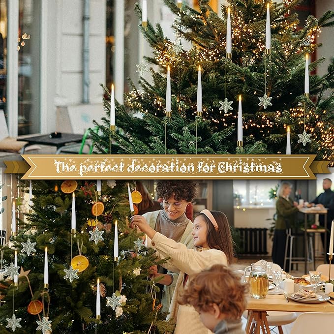 Flameless Taper Candles for Christmas Tree Decorations, Battery Operated Christmas Candles with Remote, 12 Pack Flickering LED Candlesticks with Clear Snowflake Hooks for Xmas Tree Decoration