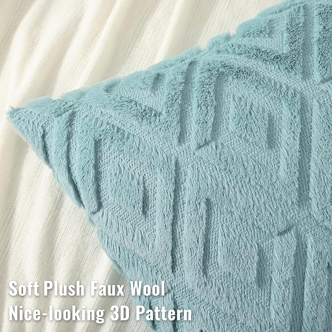 decorUhome Couch Throw Pillow Covers 24x24 Set of 2, Decorative Soft Plush Faux Wool Neutral Accent Pillow Covers for Bed Sofa Living Room, Light Teal