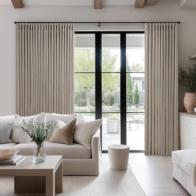 Taupe Patio Sliding Door Curtains 100 Width 102 Inches Long Pinch Pleated Curtain with Hooks Rings Light Filtering Semi Sheer Extra Wide 100x102 Drape Living Dining Room Burlywood Birch 1 Panel