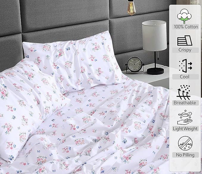 RUVANTI 100% Cotton King Size Sheets Set, 4 Pieces, Soft & Breathable Percale Weave Bedding, Deep Pocket 16", Hotel Standard, Crisp Cool Feel, Durable, Perfect Floral Bed Sheet, Funa Flora