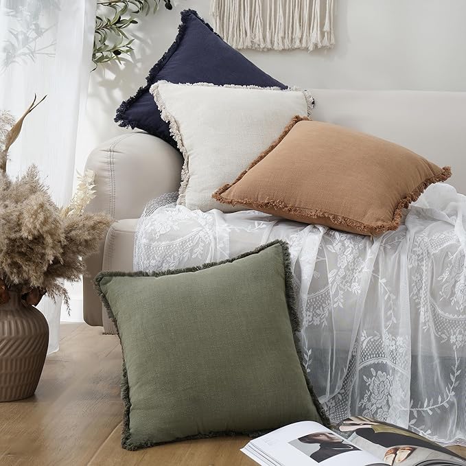Foindtower Set of 2 Decorative Linen Fringe Throw Pillow Covers Cozy Boho Farmhouse Cushion Cover with Tassels Soft Accent Pillowcase for Couch Sofa Bed Living Room Home Decor, 26×26 Inch, Olive Green