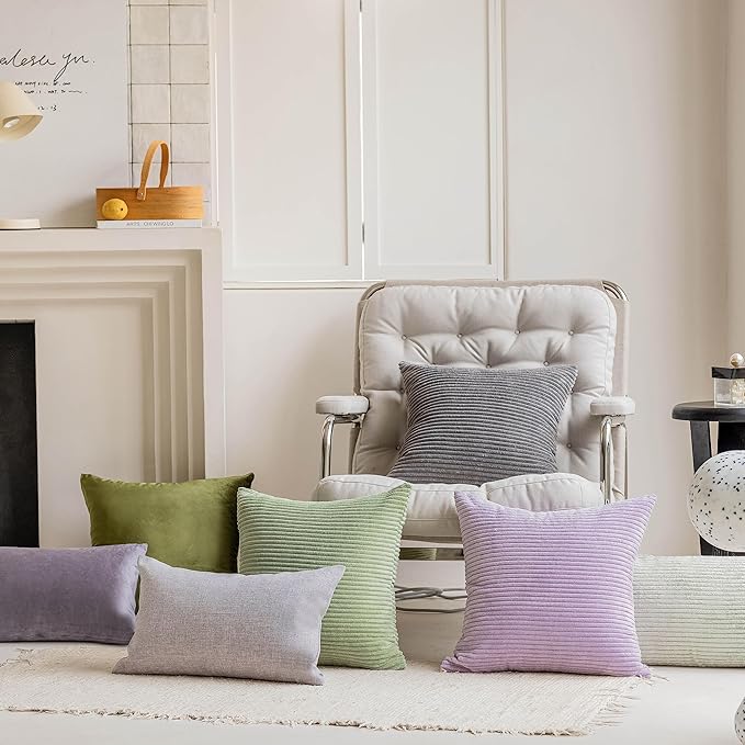 Home Brilliant Euro Sham Spring Pillow Cover 26 x 26 Solid Plush Corduroy Striped Square Cushion Cover Decorative for Living Room Decor, 26x26 inches (66cm), Sage Green.