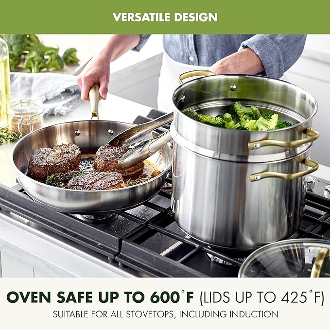 GreenPan 11 Piece Stainless Steel Cookware Set, Induction Ready, Measurement Markings, Dishwasher & Oven Safe 600F, Pots & Pans, Sauce, Saute, Frying Pans, Gold