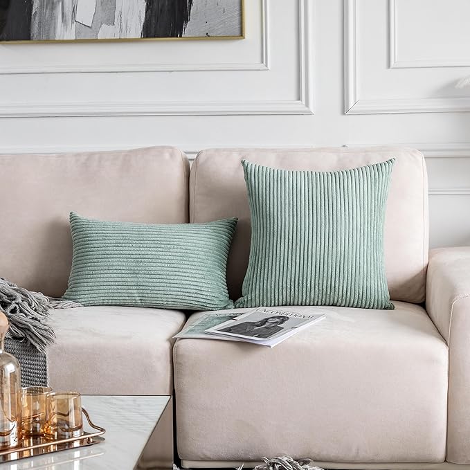 Home Brilliant 24x24 Spring Pillow Cover Large Euro Sham Striped Solid Corduroy Decoration Throw Pillow Cover for Couch Bed Living Room Decor, 24 inch (60cm), Iceberg Green