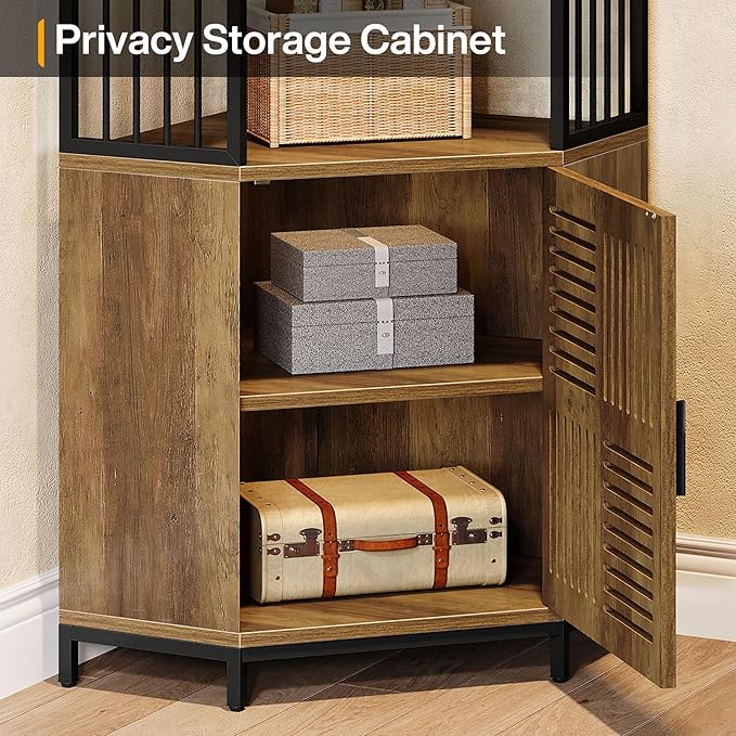 Tribesigns Tall Corner Storage Cabinet, 77.76-Inch Industrial Corner Shelf with Door, 7-Tier Metal Bookshelf Storage Bookcase Display Shelving Unit for Living Room, Rustic Brown