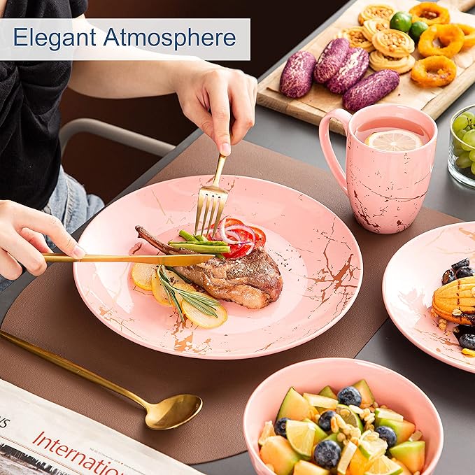 LOVECASA Pink Dinnerware Set for 4, 16 Piece Porcelain Dish With Plates, Bowls and Mugs, Gold Splash Glaze Round Modern Ceramic Dinner Set, Dishwasher Microwave Safe