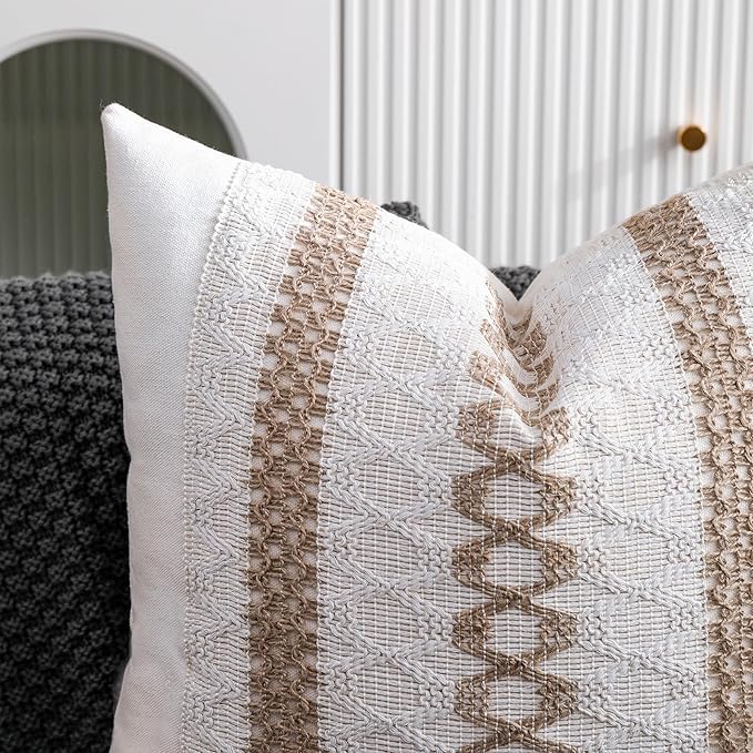 Boho Throw Pillow Covers 18x18 Set of 2 Soft Linen Farmhouse Pillow Covers Rustic Neutral Decorative Pillow Cases for Couch,Bed,Living Room Home Decor