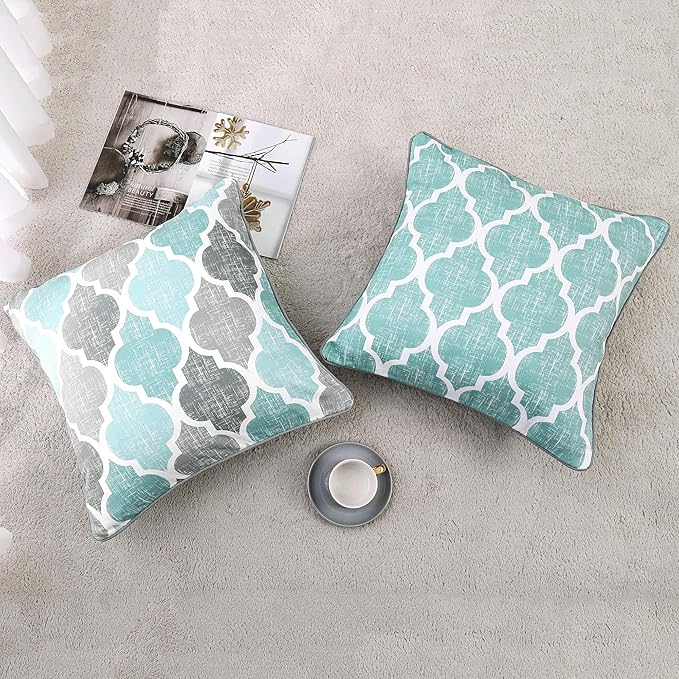 Beauoop Pack of 2 Throw Pillow Cases Covers for Couch Bed Sofa Farmhouse Double Sided Printed Colorful Geometric Trellis Moroccan Pattern Lumbar Pillow Covers, 18 X 18 Inches, Aqua Gray