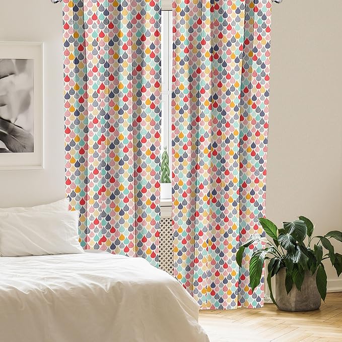 Ambesonne Geometric Window Curtains Pack of 2, Raindrops Doodle Style Creative Leaf Shaped Colorful Girls Theme, Lightweight Set with Rod Pocket, 4 Panels of - 28" x 63", Teal Coral