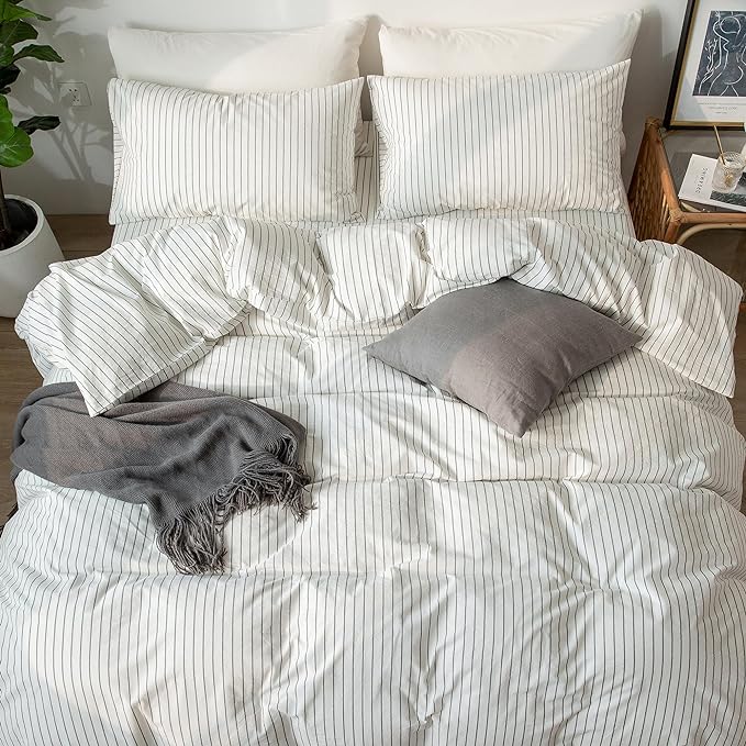 MooMee Striped Duvet Cover Set 100% Washed Cotton Linen Like Textured Breathable Durable Soft Comfy (White Dark Grey Wide Stripes, Alaska King 132"x120")