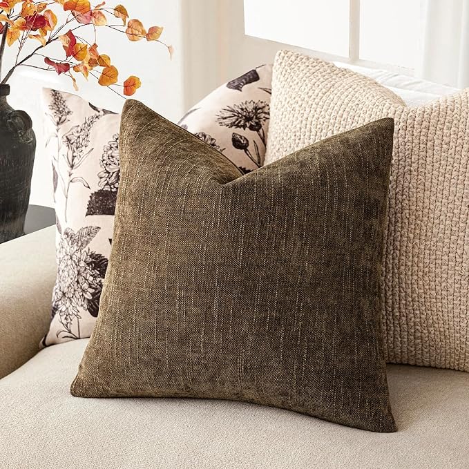 Foindtower Pack of 2 Soft Textured Chenille Throw Decorative Pillow Covers Square Accent Solid Cushion Cover Neutral Farmhouse Pillow Case for Couch Sofa Bedroom Living Room 20x20 Inch,Taupe Brown