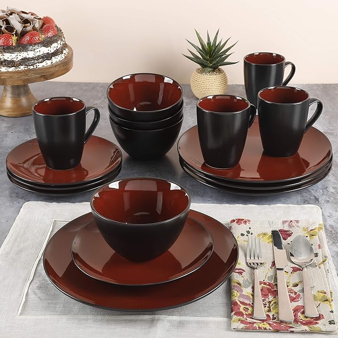 Gibson Elite Soho Lounge Round Reactive Glaze Stoneware Dinnerware Set, Service for Four (16pcs), Red