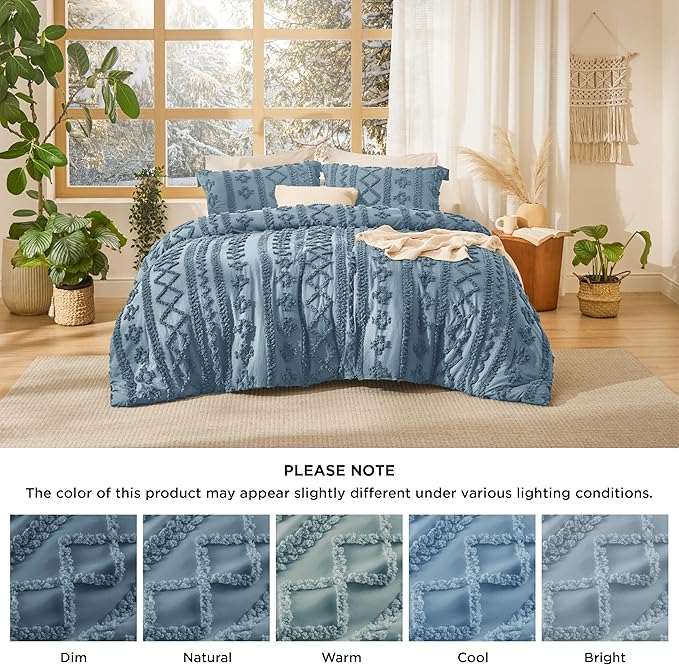 Bedsure Tufted Boho Comforter Set Queen Size - Grayish Blue Boho Bed Set, GentleSoft™ 3 Pieces Farmhouse Shabby Chic Embroidery Bedding, Gifts for Woman, Soft Jacquard Queen Comforter for All Seasons