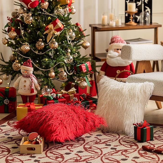 Home Brilliant Pillow Covers 12x20 Rectangle Super Soft Fluffy Faux Fur Oblong Lumbar Throw Pillow Cover for Bed Christmas, Set of 2, 12x20 inch, Red