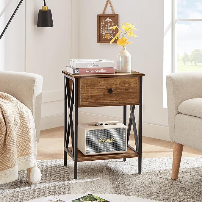 VECELO Nightstands Set of 2, Modern Bedside End Tables, Night Stands with Drawer and Storage Shelf for Living Room Bedroom, Industrial Metal Frame