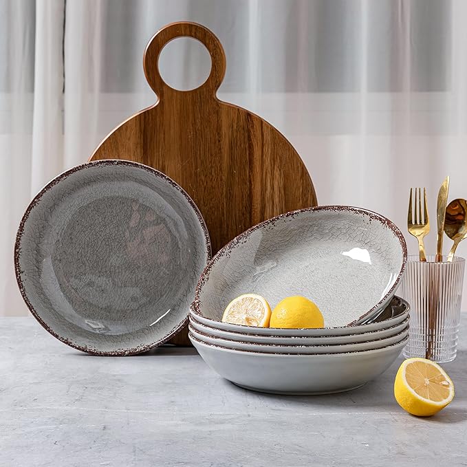 LEHAHA Farmhouse Melamine Pasta Bowl, 9.25 inch Large Salad Bowls, Set of 6, Unbreakable 100% Melamine Serving Bowls Set for Dinner, Wide and Shallow Bowls Set, Dishwasher Safe, Grey…