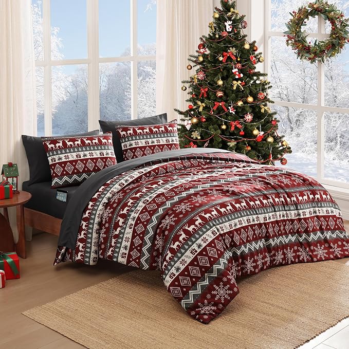 MaiRêve Christmas Full Comforter Sets, Red Reindeer Snowflake Bed Set for Holiday, Reversible Plaid Checkered Comforter Bed in a Bag, Soft Bedding Set 7 Pieces with Sheets, Pillowcases & Shams