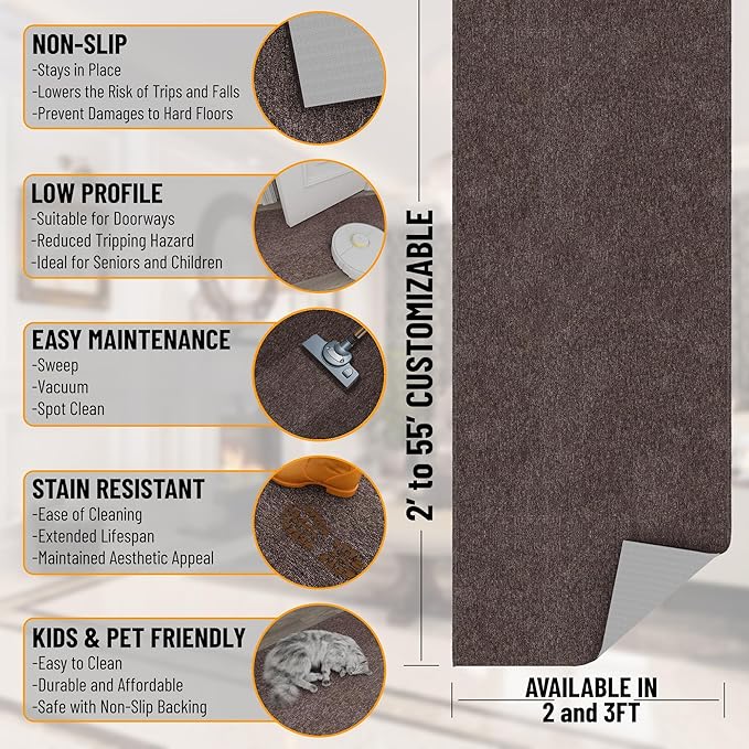 Ottomanson 2' x 15' Ultra-Thin Hallway Runner Rug - Durable Non-Slip Carpet for High-Traffic Areas - Fits Under Doors for Seamless Entry - Ideal for Kitchen, Entryway, Bedroom & Living Room, Brown